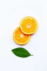Fresh orange citrus fruit with leave on white background.