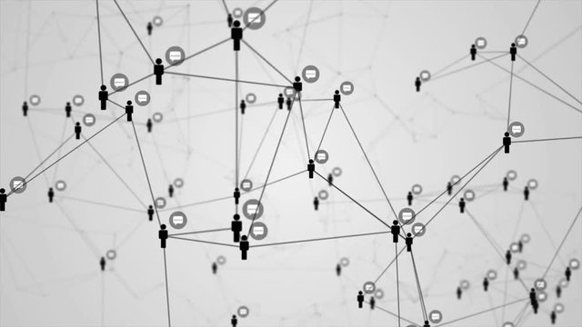 Social network connection molecule structure motion graphic black color white background. Abstract futuristic digital technology animation concept.