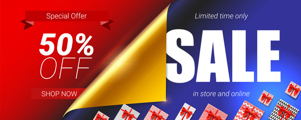 Sale in store and online, special offer. Up to 50 percent discount. Banner with design of text, curled corner with open gift wrap paper and gift boxes. Vector 3d illustration for discount actions.