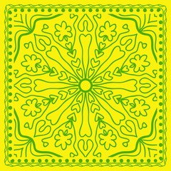 Decorative green color ornament on yellow background. Symmetric pattern with floral mandala. For Bandana, fabric print