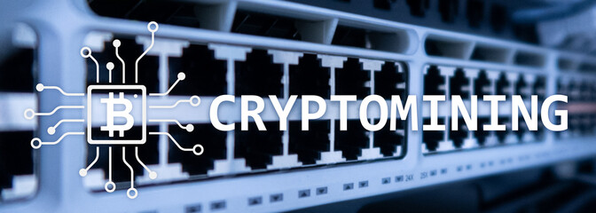 Cryptocurrency mining concept on server room background