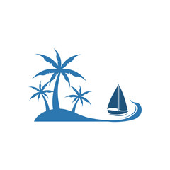 Palm Tree Beach View Boat Illustration Design