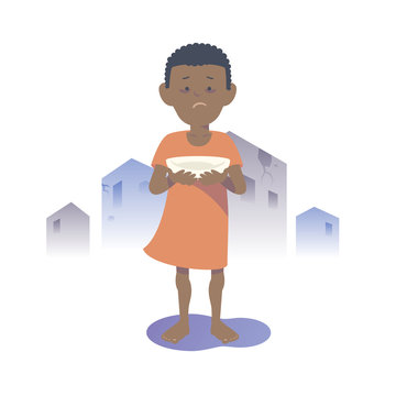 Starving Black child. Flat vector illustration.