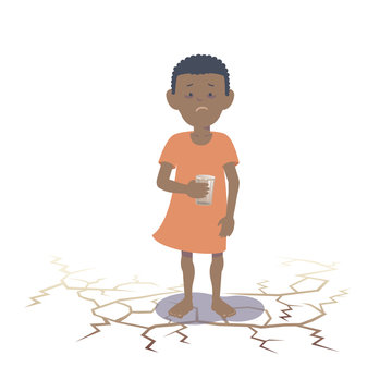 Black child suffering from lack of water. Flat vector illustration.