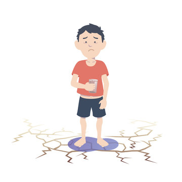 Asian child suffering from lack of water. Flat vector illustration.