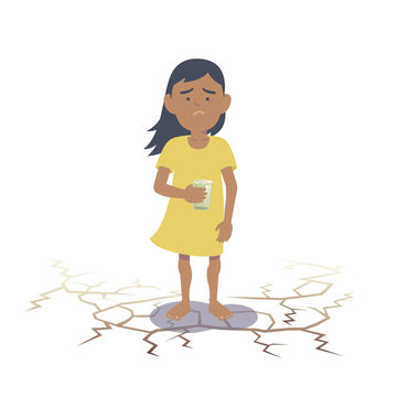 Arab child suffering from lack of water. Southeast Asian child suffering from lack of water. Flat vector illustration.