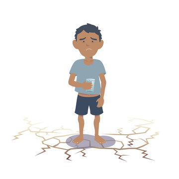 Arab child suffering from lack of water. Southeast Asian child suffering from lack of water. Flat vector illustration.