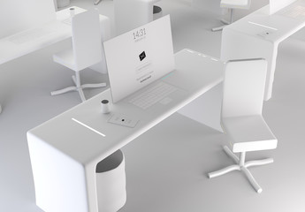 Fototapeta na wymiar white desk with flat computer white chair. modern office 3d-illustration