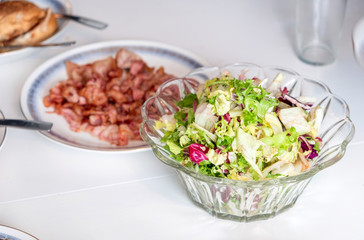 Salad lettuce with herb food for healthy in glass bowl
