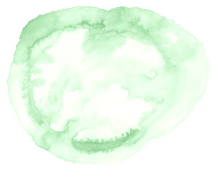 Green pastel watercolor hand-drawn isolated wash stain on white background for text, design. Abstract texture made by brush for wallpaper, label.
