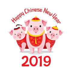 Happy Chinese New Year 2019 And Three Pigs With Chinese Clothing, Traditional, Celebration, China, Culture