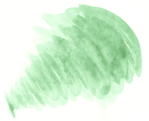 Green pastel watercolor hand-drawn isolated wash stain on white background for text, design. Abstract texture made by brush for wallpaper, label.