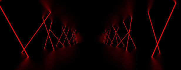 Red laser light glow in the dark room. 3D Illustration.