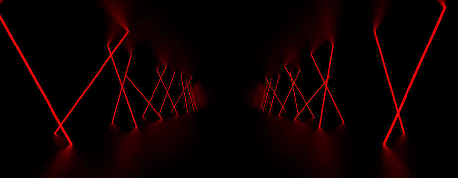 Red laser light glow in the dark room. 3D Illustration.