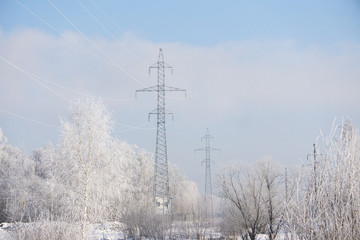 winter landscape snowy trees and electricity pylon and blue sky