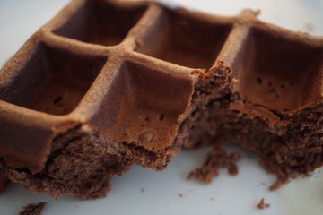 Closeup of warm baked dark chocolate waffle