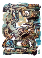 Robot working hard under the machine water color painting