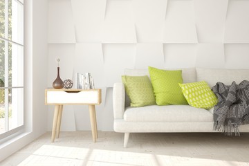 Obraz premium Idea of white minimalist room with sofa. Scandinavian interior design. 3D illustration
