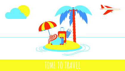 Time to travel summer beach holiday vacation poster or banner flat style design vector illustration concept isolated white background. Text, island, beach hat, luggage suitcase, pasport, tickets signs