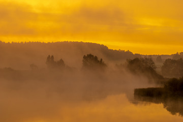 fairytale misty morning by the lake. Golden fog surrounding the lake