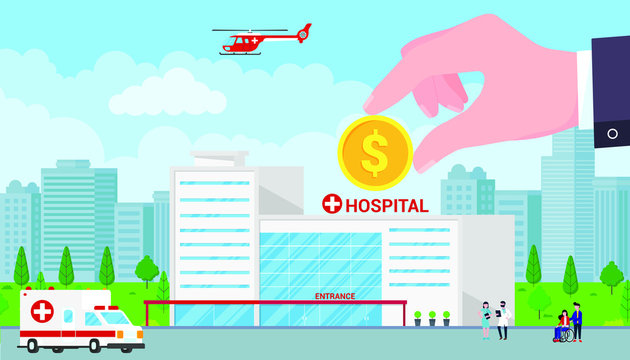 Factory building flat style vector illustration. Businessmen invest a monye golden coin for factory plant. Concept of business investment. Green grass and cloudy sky behind scene.