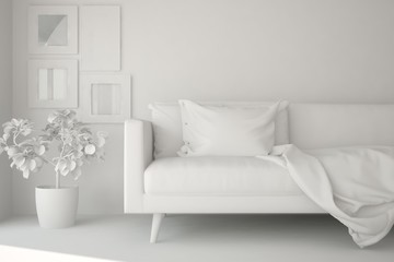 White room with sofa. Scandinavian interior design. 3D illustration
