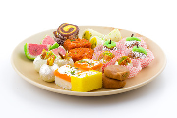 Indian Traditional Mix Sweet Food or Mix Mithai include Peda, Mawa Burfi, Dry Fruits Sweet, Halwa or Coconut Burfi
