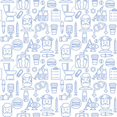 Diabetes symptoms and control vector line style seamless background. Frequent urination, blurry vision, sexual problems, high blood sugar, hungry, linear illustration. Diabetic pattern. 