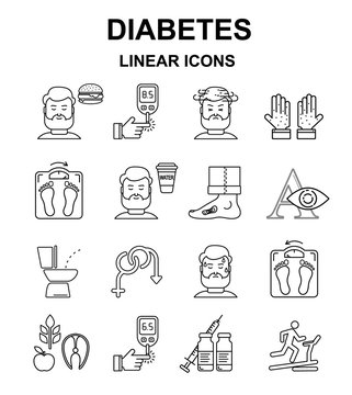Diabetes vector linear background with place for text. Diabetic therapy line style icons set. Blood glucose test. World diabetes day pattern.