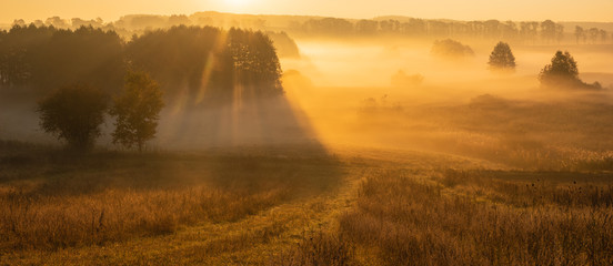beautiful, misty sunrise over autumnal meadows and fields,sun rays shining through the fog