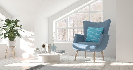 White room with armchair and winter landscape in window. Scandinavian interior design. 3D illustration