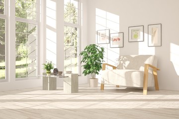 Idea of white room with armchair and summer landscape in window. Scandinavian interior design. 3D illustration