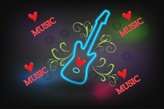 Neon guitar heart floral music logo vector 