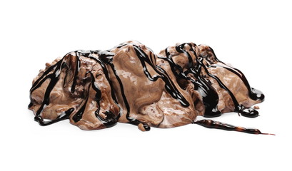 Ice cream balls with chocolate topping isolated on white background