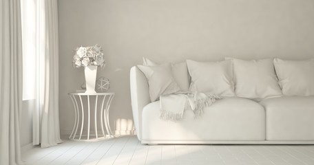 White room with sofa. Scandinavian interior design. 3D illustration