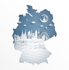 Germany map concept with famous landmark for travel postcard and poster, brochure, advertising in paper cut style vector illustration. © ChonnieArtwork 
