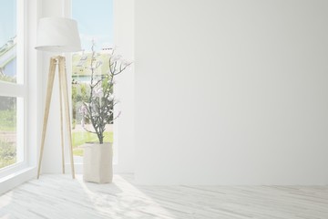 White empty room with summer landscape in window. Scandinavian interior design. 3D illustration