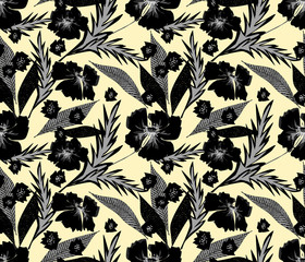 Seamless floral retro pattern. Black flowers on yellow background .