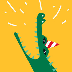 Aquatic cartoon crocodile wearing a party hat vector