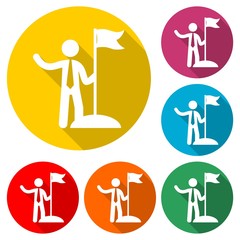 Businessman holding flag, Man with flag icon or logo, color set with long shadow