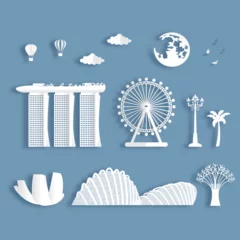 Deurstickers Collection of Singapore famous landmarks in paper cut style vector illustration. © ChonnieArtwork 