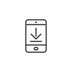 Download mobile app screen outline icon. linear style sign for mobile concept and web design. Tablet with download arrow simple line vector icon. Symbol, logo illustration. Pixel perfect  - obrazy, fototapety, plakaty