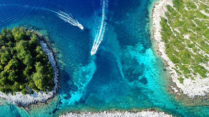 Aerial drone photo of tropical caribbean bay with white sand beach and beautiful turquoise and...