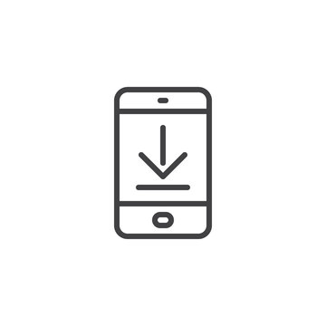 Download mobile app screen outline icon. linear style sign for mobile concept and web design. Tablet with download arrow simple line vector icon. Symbol, logo illustration. Pixel perfect 