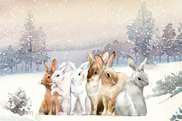 Fototapeta premium Dzikie króliki w zimie śnieg malowane akwarela wektor