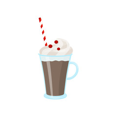 Glass mug of hot chocolate with whipped cream and red cranberries. Drinking straw in cup. Flat vector icon