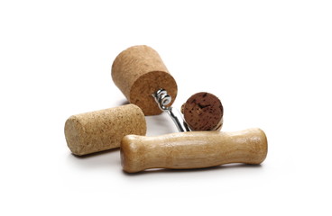 Fototapeta na wymiar Corkscrew and wine cork isolated on white background