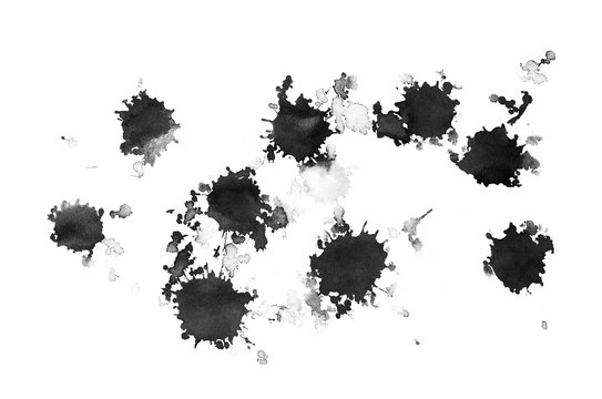 Ink stains, drops isolated on white background, top view
