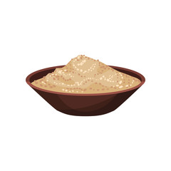 Ground white pepper in brown ceramic bowl. Spicy condiment for food. Natural product. Flat vector design
