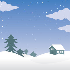 Fototapeta na wymiar Snowy Hill with house and Rain Snow Background Vector